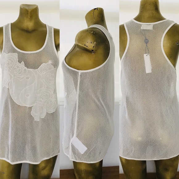 NWT ELEVEN PARIS Unique White Mesh With Floral Appliqué TANK TOP XS - Picture 3 of 8